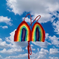 crocheted rainbow bikini in the sky