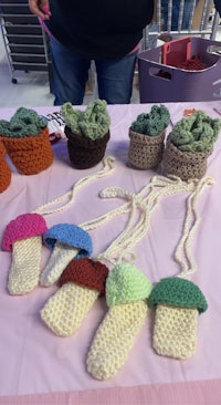 crocheted ice cream cones on a table